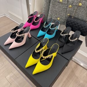 Crystal-Embellished Satin Pointed-Toe Sculpted Heel Mules