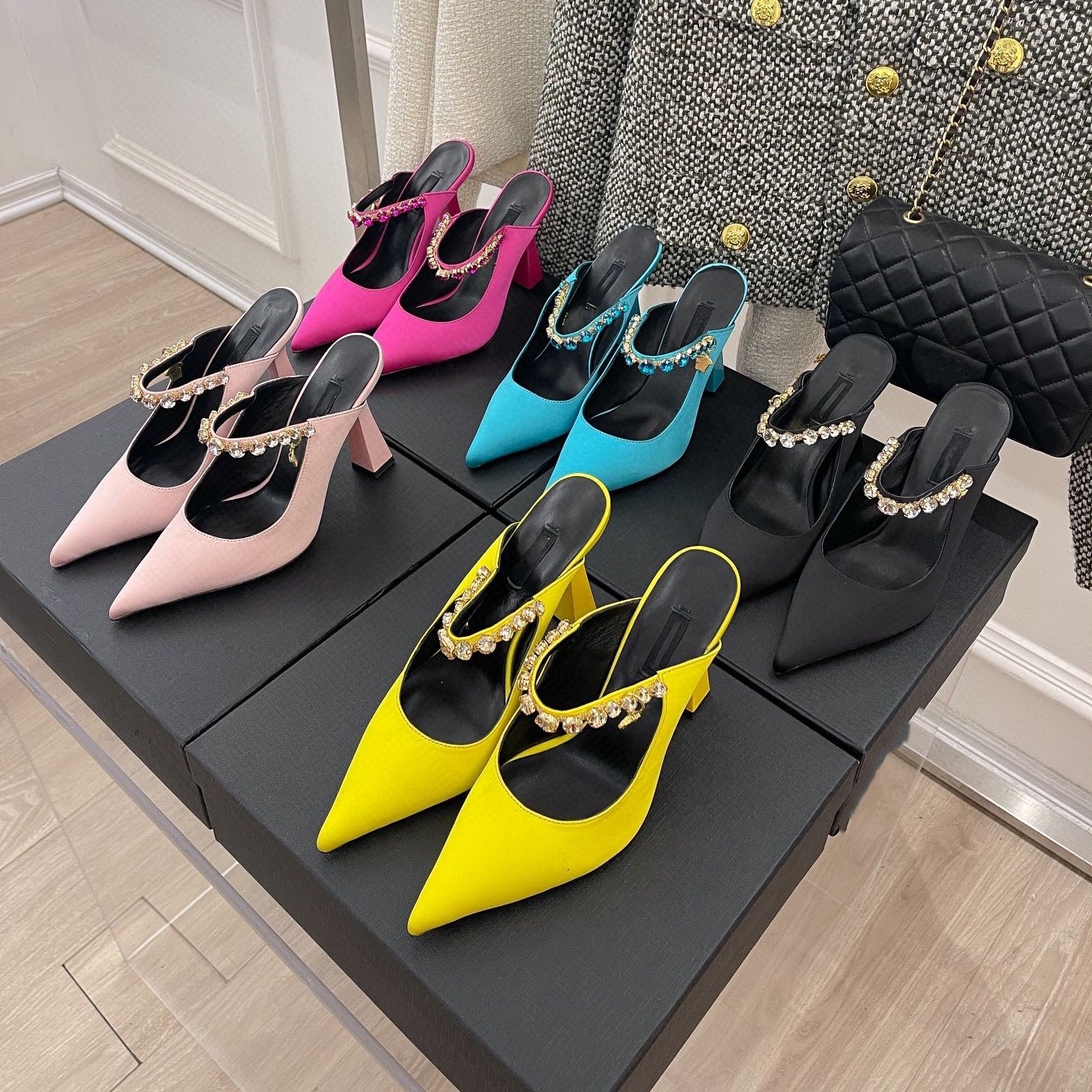 Crystal-Embellished Satin Pointed-Toe Sculpted Heel Mules