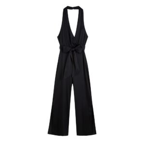 Black Satin Halter Neck Side-Slits Straight Leg Pants Jumpsuit with Waist Bow Tie