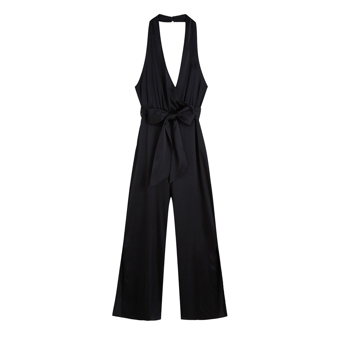 Black Satin Halter Neck Side-Slits Straight Leg Pants Jumpsuit with Waist Bow Tie
