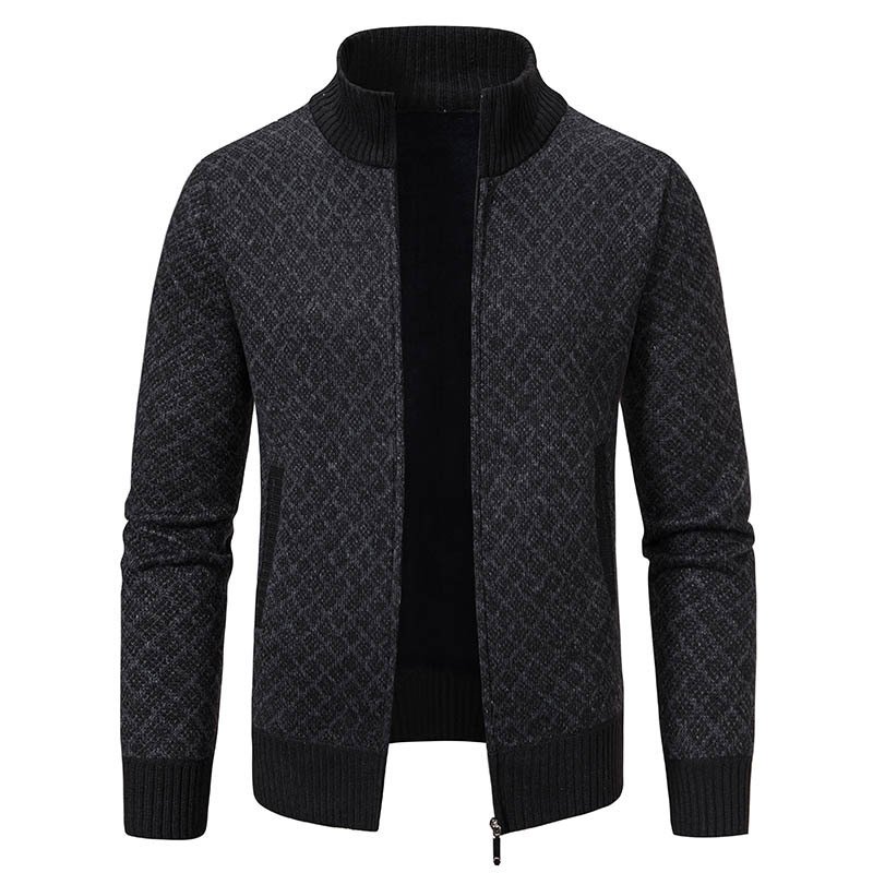 Men's Plaid Zip Cardigan Sweater | Fleece Lined Winter Stand Collar Knit Jacket - Image 5