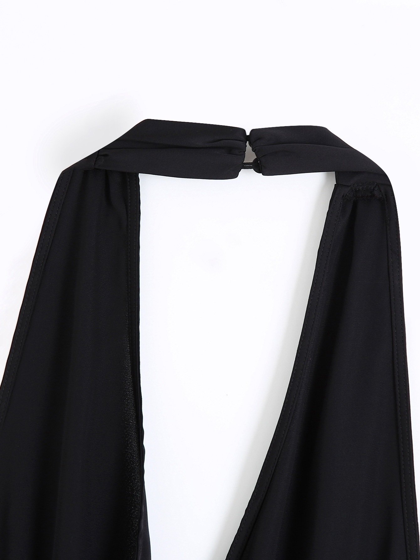 Black Satin Halter Neck Side-Slits Straight Leg Pants Jumpsuit with Waist Bow Tie - Image 4