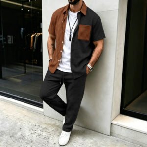 Mens Casual Short-sleeve Pocket Shirt And Trousers Set