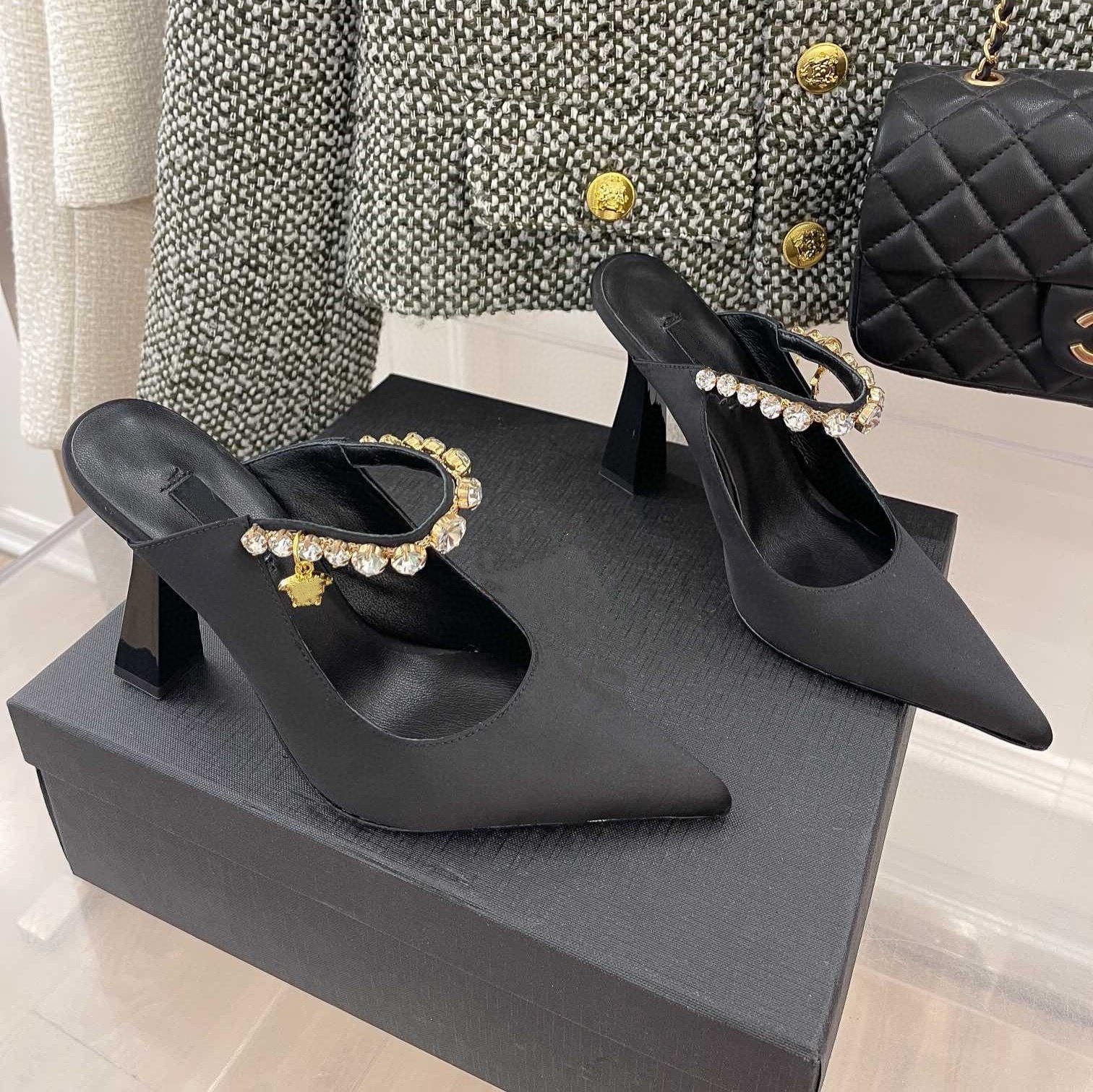 Crystal-Embellished Satin Pointed-Toe Sculpted Heel Mules - Image 2