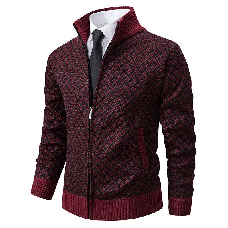 Men's Plaid Zip Cardigan Sweater | Fleece Lined Winter Stand Collar Knit Jacket - Image 2