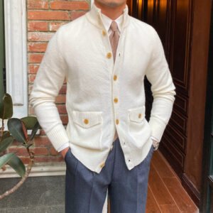Men’s Stand Collar Button Down Knitted Cardigan Jacket