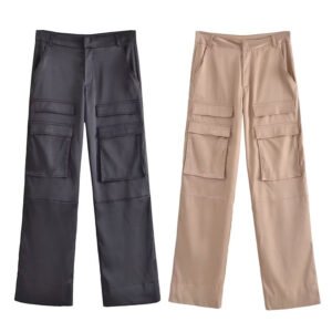 Premium Goatskin Leather Cargo Pants - Luxury Silk Satin Straight Leg Trousers
