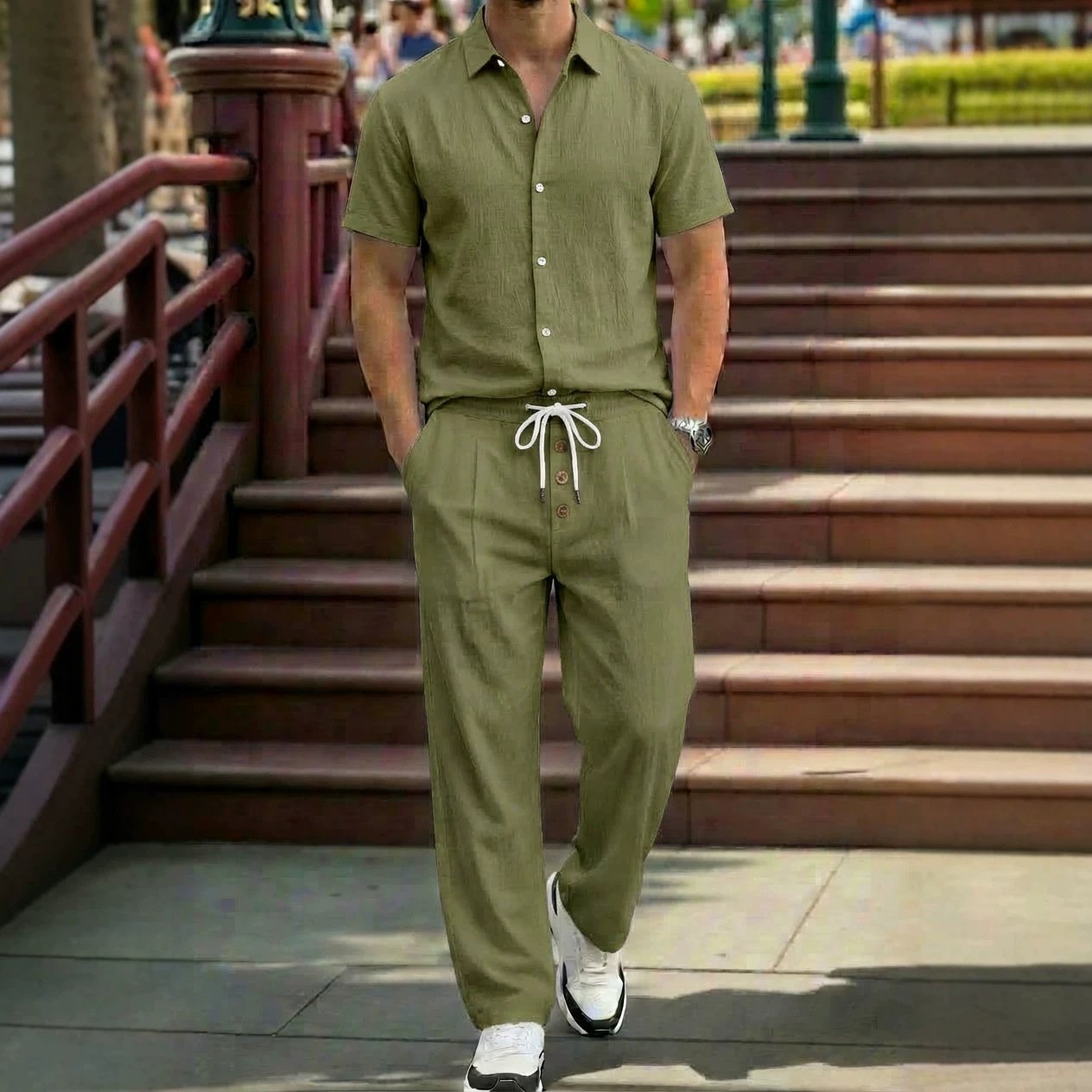 Mens Breathable Lapel Collar Linen Shirt And Trousers Set - Image 3