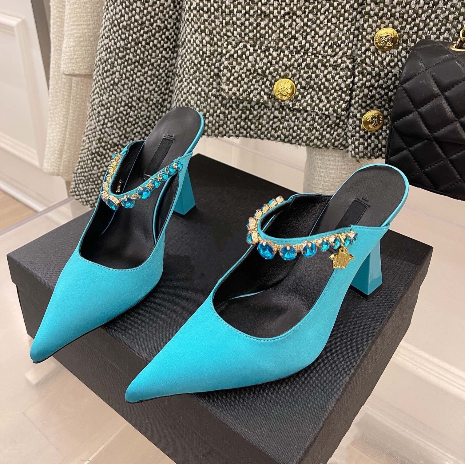 Crystal-Embellished Satin Pointed-Toe Sculpted Heel Mules - Image 7