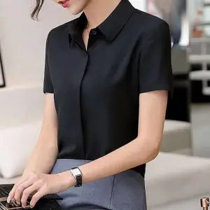 Elegant Long Sleeve Slim Fit Silk-Feel Hidden-Button Blouse - Image 3