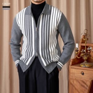 Men’s Retro Vertical Striped Full-Zip Cardigan – 100% Cotton Polo Collar Knit Sweater