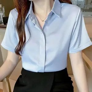 Elegant Long Sleeve Slim Fit Silk-Feel Hidden-Button Blouse - Image 5