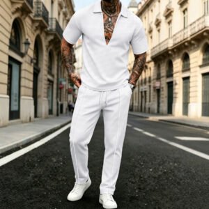 Men's Luxe Deep V-Neck Short Sleeve & Long Pants 2-Piece Set