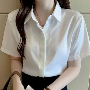 Elegant Long Sleeve Slim Fit Silk-Feel Hidden-Button Blouse - Image 9
