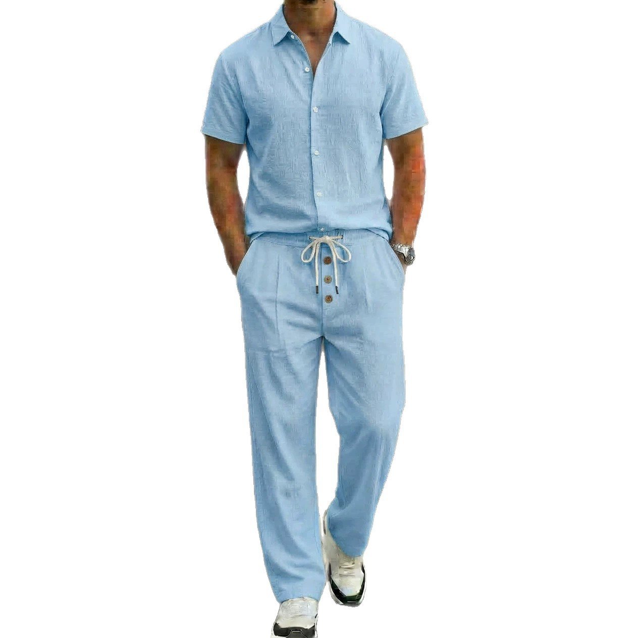 Mens Breathable Lapel Collar Linen Shirt And Trousers Set - Image 6