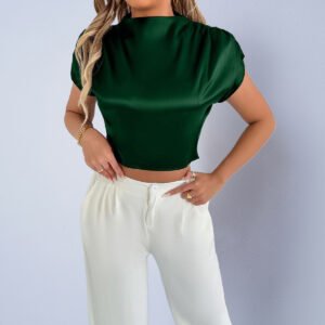 Aria High-Neck Cap Sleeve Pleated Mock-Neck Satin Crop Blouse