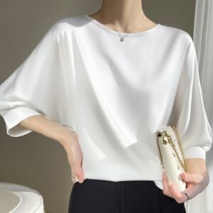 Vivienne Fluid Satin Boatneck Blouse with 3/4 Dolman Sleeves