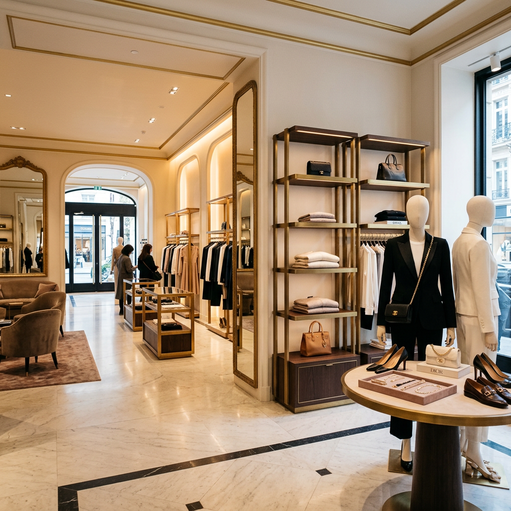 Mannequins dressed in formal attire and shelves with handbags and folded clothes in a boutique