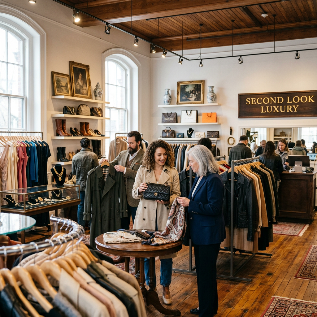Shop Used Clothing with Customers browsing designer clothes, bags, and accessories in a luxury consignment boutique