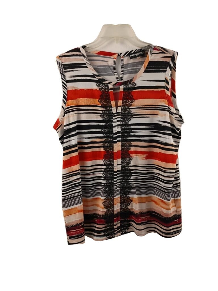 Karl Lagerfeld Women’s Sleeveless Striped Lace-Trim Top Women Size Large