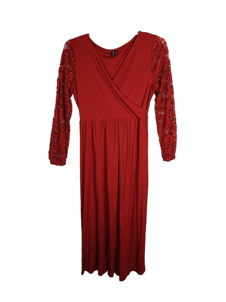 Zattcas V-Neck Gown with Bishop Lace Long Sleeves Dress | Large | Red
