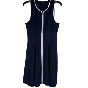 Betsy Johnson Navy Blue Sleeveless Full Zipper Dress with White Trim