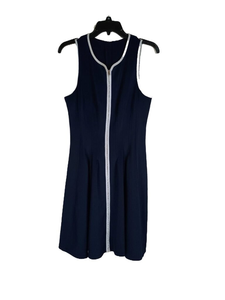 Betsy Johnson Navy Blue Sleeveless Full Zipper Dress with White Trim