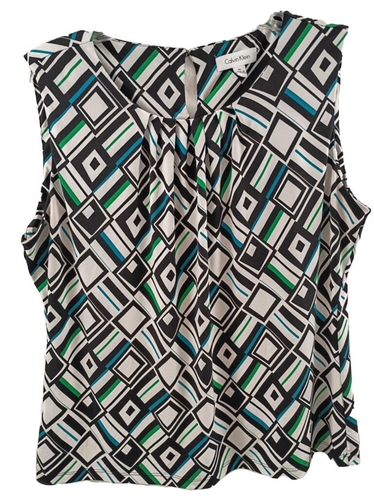 Calvin Klein Sleeveless Geometric Print Top - Black, White & Green Women Size XL