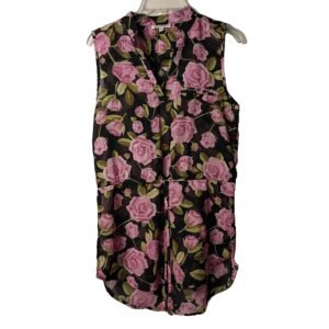 Elegant Floral Sleeveless Blouse - Pink Roses on Black
