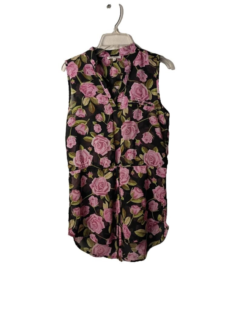 Elegant Floral Sleeveless Blouse - Pink Roses on Black