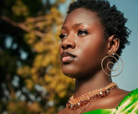elegant portrait of woman in vibrant green dress